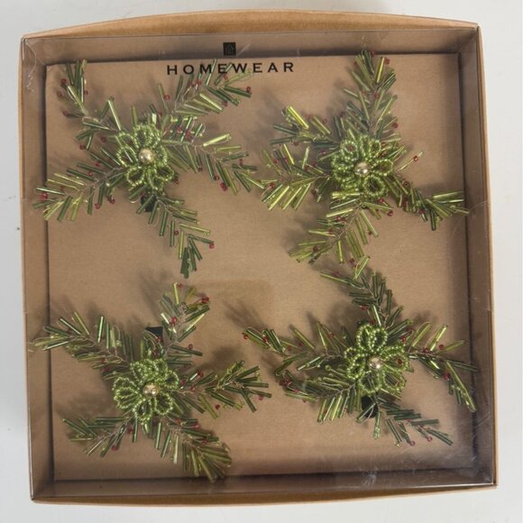 Homewear Greenery Glass Beaded Napkin Rings Embellished Set of 4 Winter Table - Picture 11 of 14